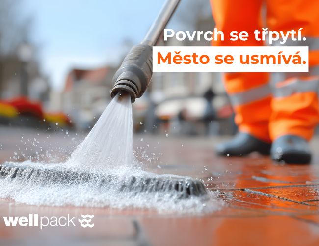 Čištění městské dlažby vysokotlakým čističem – pracovník v oranžové vestě, Wellpack.