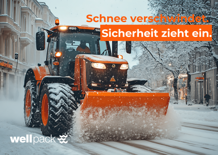 Traktor mit orangefarbener Schneeschaufel räumt Schnee im Stadtzentrum – Winterdienst von Wellpack