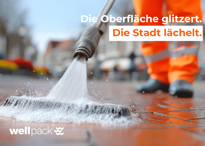 Reinigung von städtischem Pflaster mit einem Hochdruckreiniger – Arbeiter in orangener Weste, Wellpack