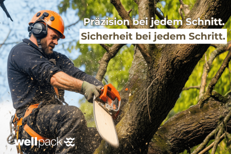 Baumpfleger schneidet einen Ast mit der Motorsäge – präziser und sicherer Baumschnitt, Wellpack