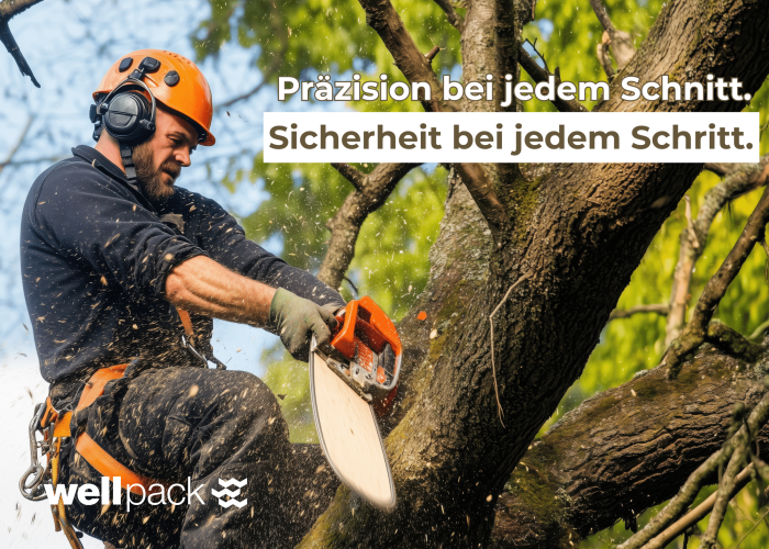 Baumpfleger schneidet einen Ast mit der Motorsäge – präziser und sicherer Baumschnitt, Wellpack