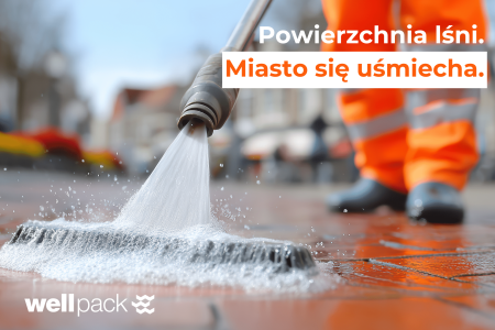 Czyszczenie miejskiej nawierzchni myjką wysokociśnieniową – pracownik w pomarańczowej kamizelce, Wellpack