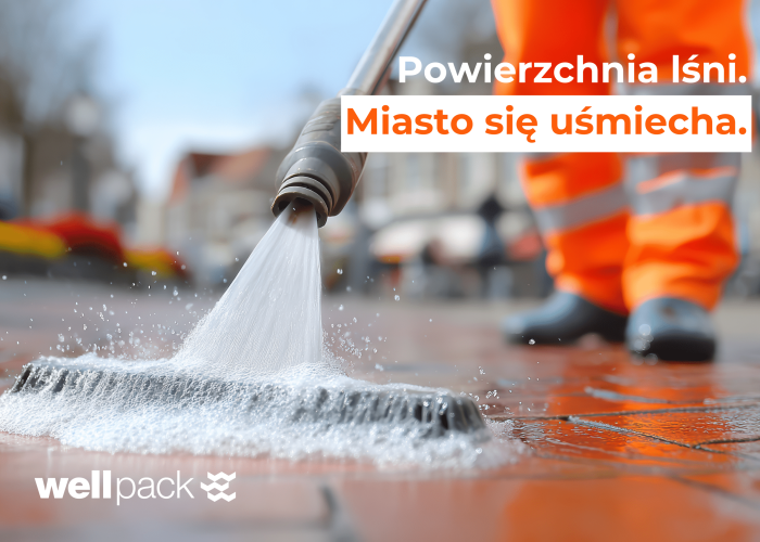 Czyszczenie miejskiej nawierzchni myjką wysokociśnieniową – pracownik w pomarańczowej kamizelce, Wellpack
