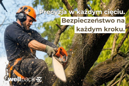 Arborysta tnie gałąź pilarką łańcuchową – precyzyjne i bezpieczne przycinanie drzew, Wellpack