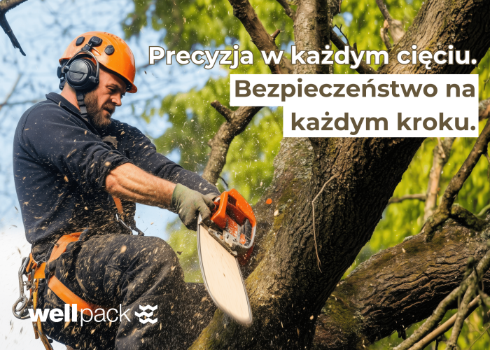 Arborysta tnie gałąź pilarką łańcuchową – precyzyjne i bezpieczne przycinanie drzew, Wellpack