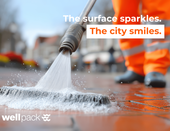 Close-up of a high-pressure water jet cleaning city pavement, worker in orange uniform in background, representing Wellpack street cleaning and waste management services.