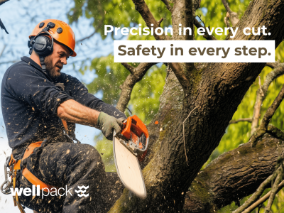 Professional arborist wearing safety gear cuts a tree branch with a chainsaw, wood chips flying, representing Wellpack tree cutting and arborist services.