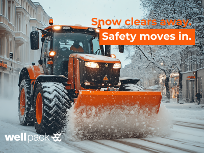 Orange snowplow clearing a snowy city street, promoting Wellpack winter road safety service.