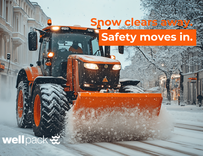 Orange snowplow clearing a snowy city street, promoting Wellpack winter road safety service.
