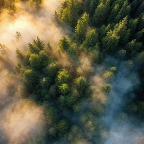 Misty sunrise forest